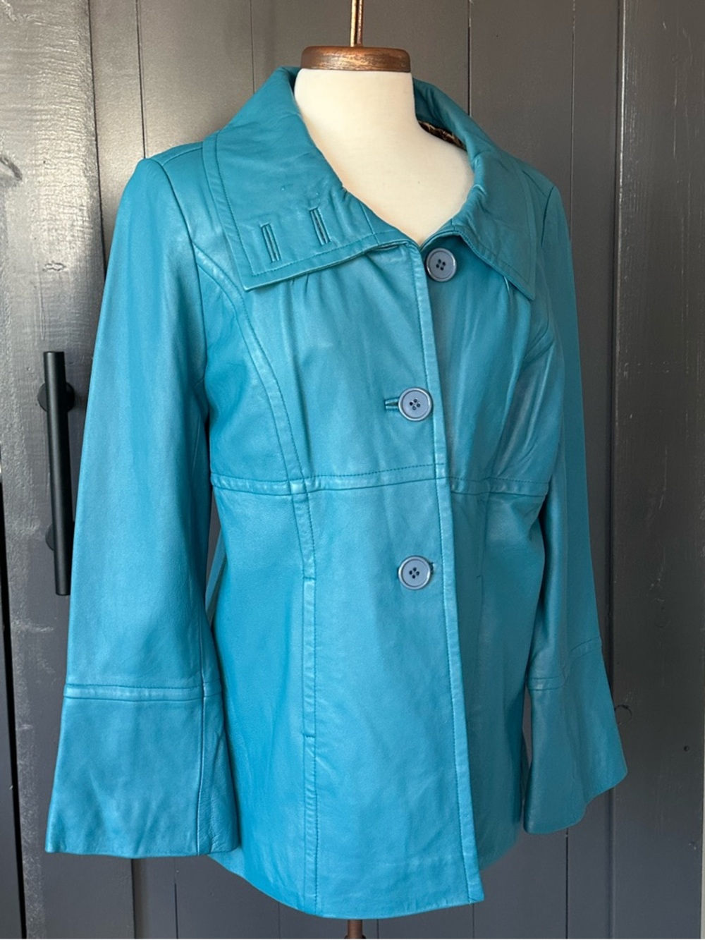 Women’s Teal Leather Button-Front Jacket
